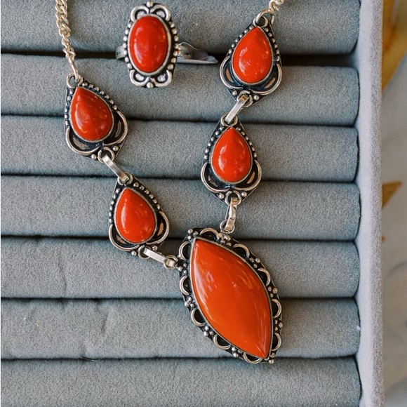 RED CORAL ❤️❤️❤️ 925 SS Plated and Stamped Necklace - Picture 1 of 4